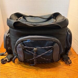 Vintage Quantaray padded camera bag with Nikon camera accessories. NOT TESTED